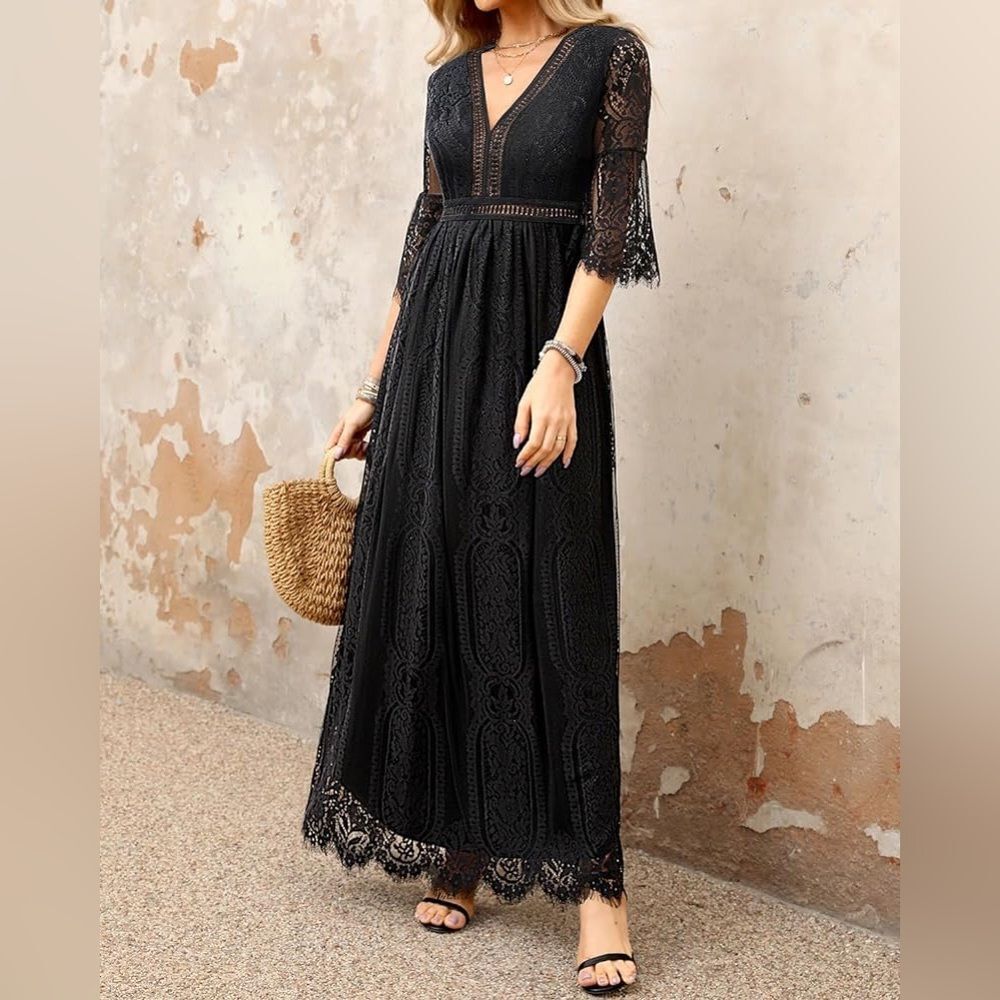 Black V-Neck Bell Sleeve Maxi Gown